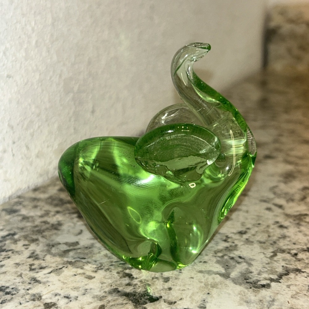 Art Glass Hand Blown‎ Paperweight Green Elephant with Raised Trunk